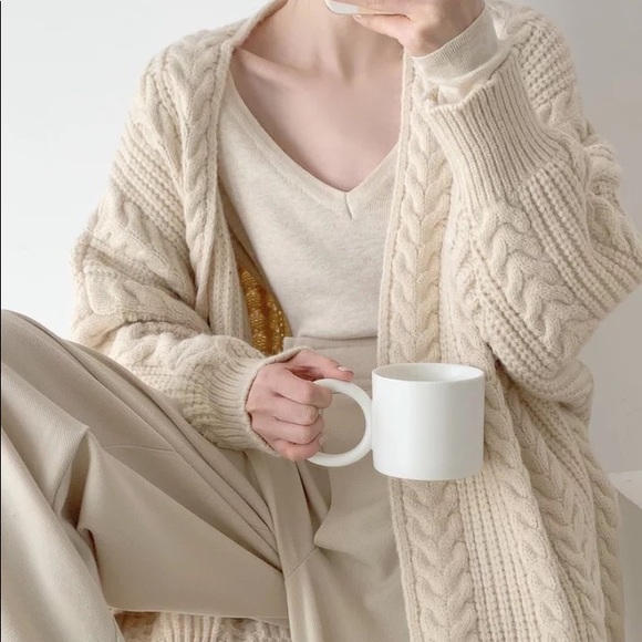 Twist cardigan sweater cable knit cream beige womens knit long sleeve - Picture 3 of 11